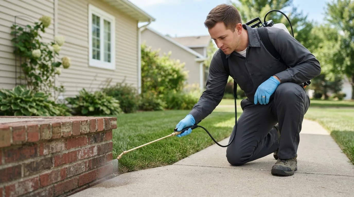 Pest control technician treating a home near Bancroft, MI