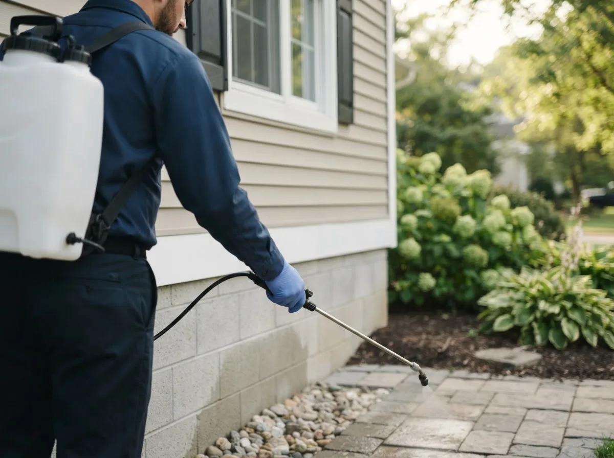 Pest control technician inspecting a home in Bancroft, MI